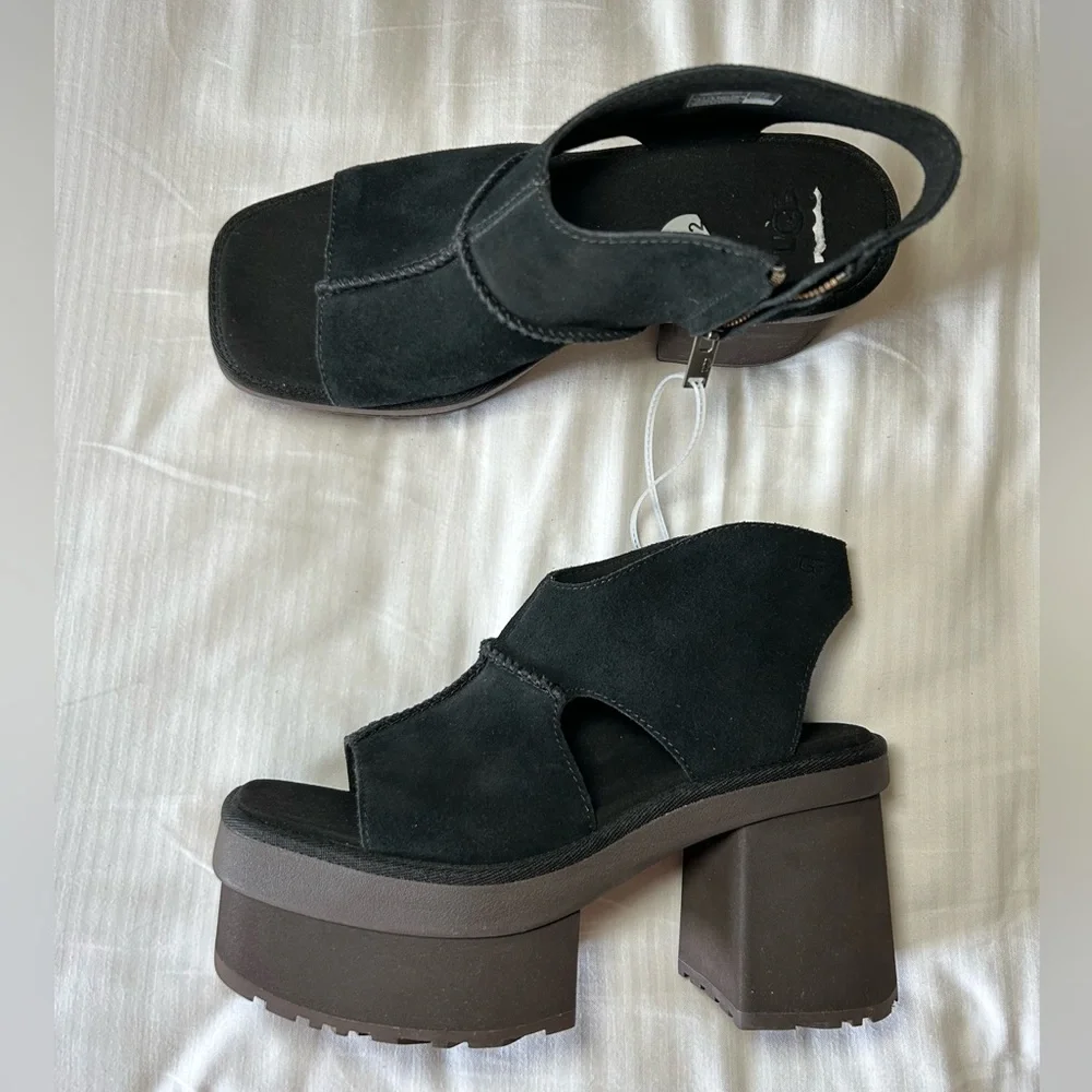 UGG | New Heights Platform Sandals -  Black Suede Chunky Y2K